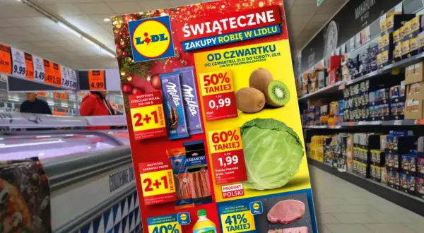 Ulotka promocyjna Lidla z produktami spożywczymi i zniżkami, w tle sklep.