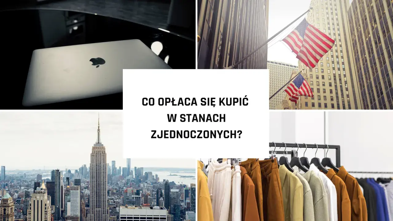 Laptop Apple, flagi USA, Empire State Building i ubrania na wieszakach.