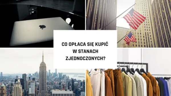 Laptop Apple, flagi USA, Empire State Building i ubrania na wieszakach.