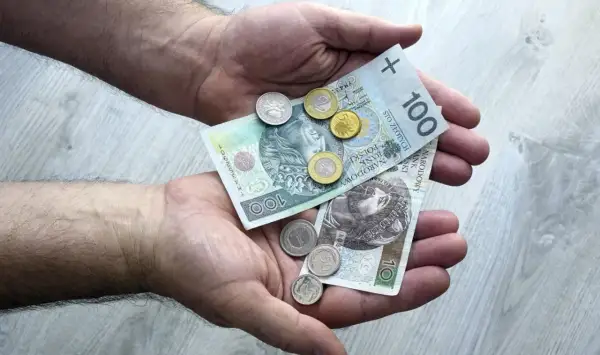 Dłonie trzymają polskie banknoty 100 zł i 10 zł oraz monety.